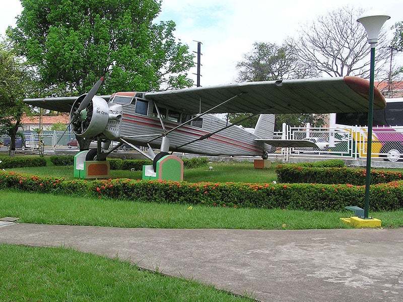 El Rio Caroni, the Flamingo aircraft of Jimmie Angel, removed from Auyán-tepui in 1970 and restored, now displayed at the Ciudad Bolivar airport (Wikimedia commons)