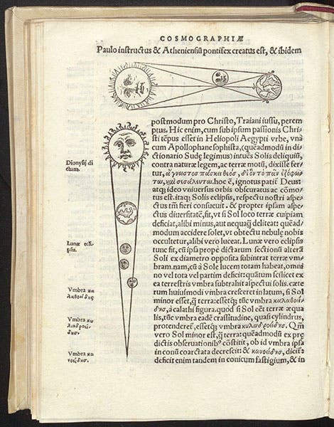 Page with two woodcuts showing the circumstances of solar and lunar eclipses, Cosmographia, by Francesco Maurolico, 1543 (Linda Hall Library)
