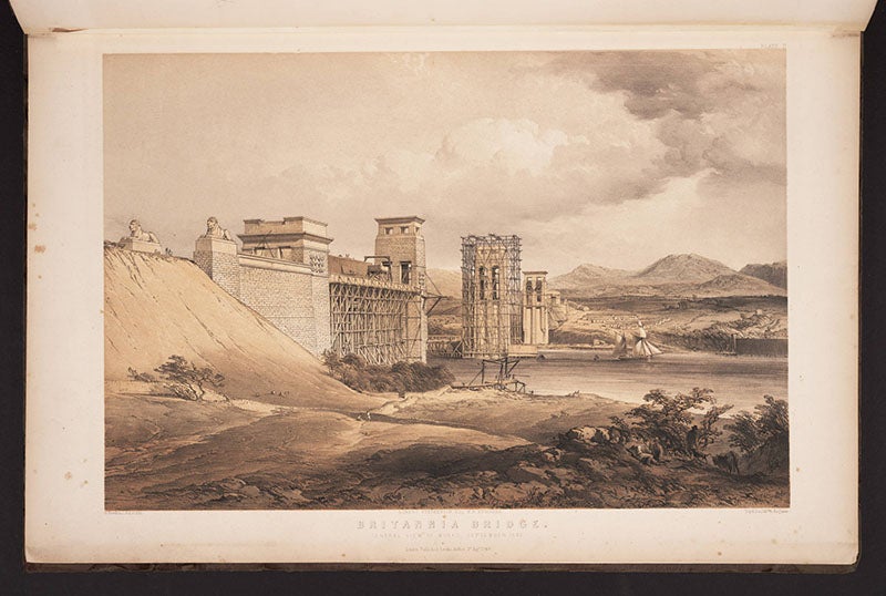 Building the piers, The Britannia and Conway Tubular Bridges (1850) (Linda Hall Library)