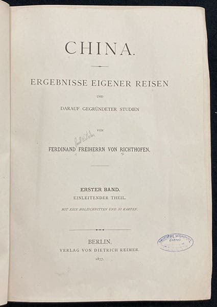 Title page of text volume 1, China: Ergebnisse eigener Reisen und darauf gegründeter Studien, by Ferdinand von Richthofen, 1877-1912 (Linda Hall Library)