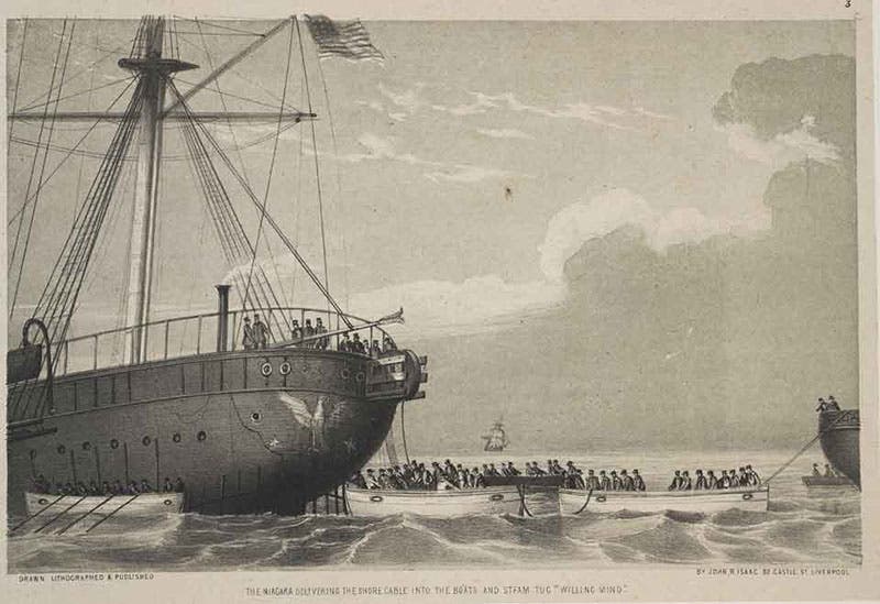 The Atlantic cable of 1858 being offloaded from the Niagara at Trinity Bay, Newfoundland, and taken ashore, lithograph in Laying the Atlantic Telegraph Cable from Ship to Shore, by John R. Isaac, 1857-58 (Linda Hall Library)