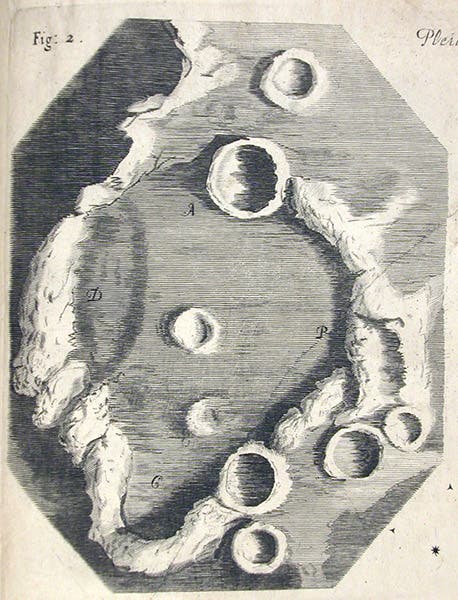 The lunar crater Gassendi, detail of engraving, scheme 38, Robert Hooke, Micrographia, 1665 (Linda Hall Library)