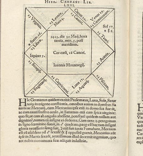 Geniture (natal horoscope) for Johannes Regiomontanus, in Girolamo Cardano, Libelli duo, no. 66, 1543 (Linda Hall Library)