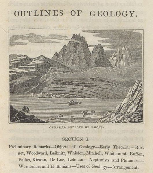 “General Aspect of Rocks,” detail of wood-engraved headpiece to Sect. 1, William Thomas Brande, Outlines of Geology, 1829 ed. (Linda Hall Library)
