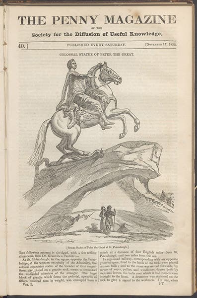 Front-page feature story on the Bronze Horseman of St. Petersburg, The Penny Magazine, vol. 1, 1832 (Linda Hall Library)