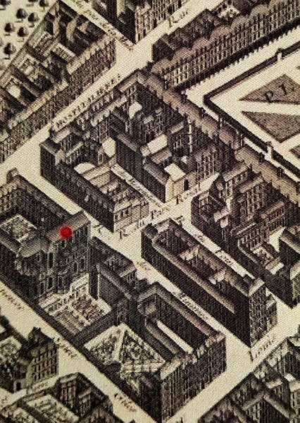 View map of an area of Paris near Place Royale, now Place des Vosges, showing the Minim convent where Mersenne lived and the Rue des Minimes, not far from the Bastille, undated, but before 1789 (paris-grad.com)