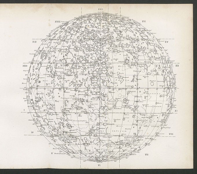 : Lunar map and key, depicting the locations of the 22 sectional maps included in Edmund Neison, The Moon and the Condition and Configurations of its Surface, 1876 (Linda Hall Library)
