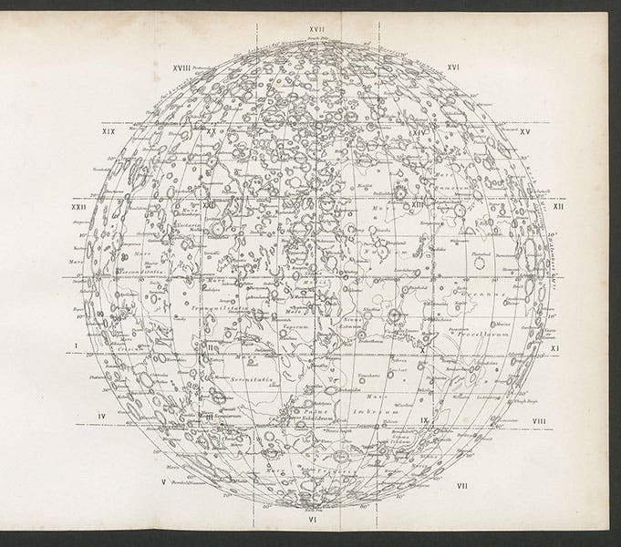 : Lunar map and key, depicting the locations of the 22 sectional maps included in Edmund Neison, The Moon and the Condition and Configurations of its Surface, 1876 (Linda Hall Library)