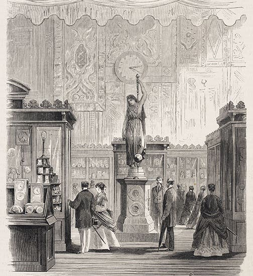 Contemporary view of horology section of the Exposition universelle of 1867, showing a Farcot conical pendulum clock, line engraving, 1867 (Linda Hall Library)