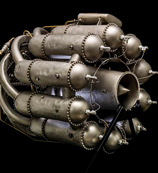 The Whittle W.1.X turbojet engine, similar to the W.1 that powered the first British jet aircraft flight on May 15, 1941, held by but not on display at the National Air and Space Museum, Washington, D.C. (airandspace.si.edu)