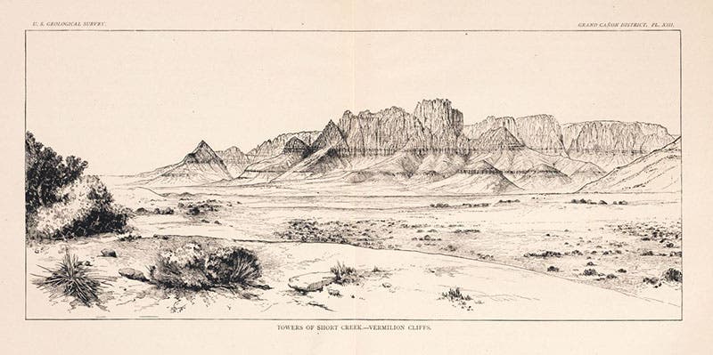 “Towers of Short Creek – Vermilion Cliffs,” wood engraving after a drawing by William Henry Holmes, Tertiary History of the Grand Cañon District, by