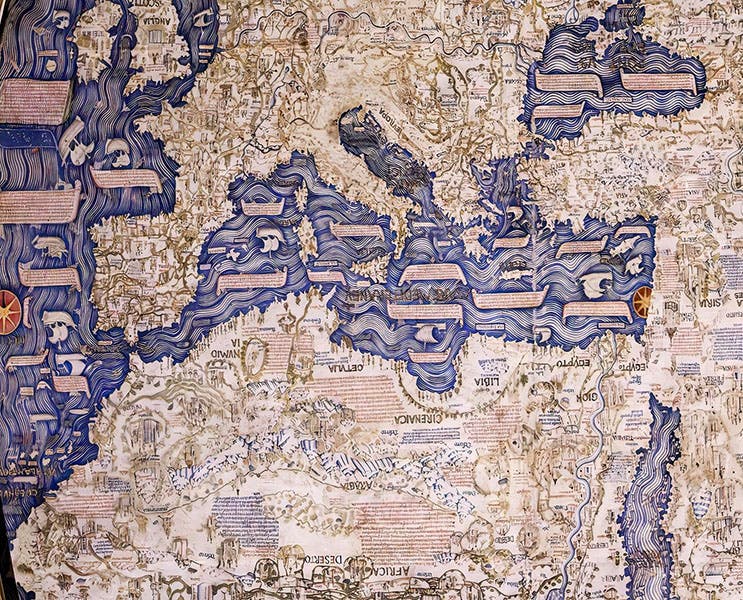 Italy, Greece, and the Mediterranean Sea, detail of Fra Mauro map, inverted, with north at the top, manuscript on vellum and wood, ca 1460, property of the Biblioteca Nazionale Marciana, Venice; on display in Museo Correr, Piazza San Marco, Venice (Wikimedia commons)