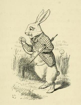 The White Rabbit, wood engraving after a drawing by John Tenniel, Alice’s Adventures in Wonderland, by Lewis Carrol, p. 1, 1866, Gettysburg College Library (archive.org)
