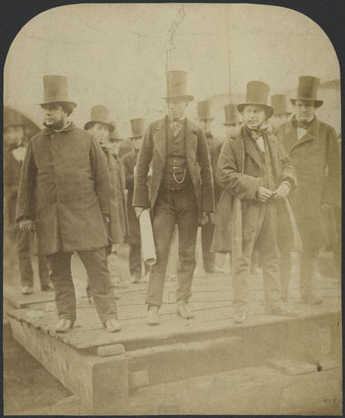Photograph of J. Scott Russell (far left) and I. K. Brunel (with cigar), by Robert Howlett, Nov. 3, 1857 (J. Paul Getty Museum)