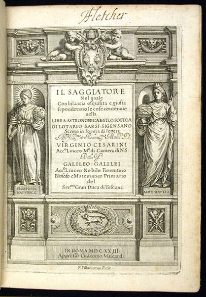 Engraved title page, Il saggiatore, by Galileo Galilei, 1623, with the coat of arms of the new pope, Urban VIII, at the top (Linda Hall Library)