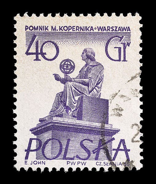 Postage stamp honoring Nicolaus Copernicus and featuring the statue in Warsaw by Bertel Thorvaldsen, 1950 (thorvaldsenmuseum.dk)