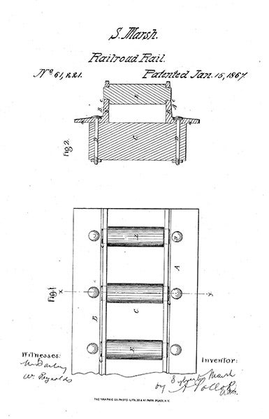 Patent drawing for a cog rail system, submitted by Sylvester Marsh, 1867 (patentimages.storage.googleapis.com)