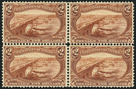 $2 orange-brown “Mississippi River Bridge,” U.S. postage stamp, Trans-Mississippi Exposition issue, 1898, designed by Raymond O. Smith (usphila.com)