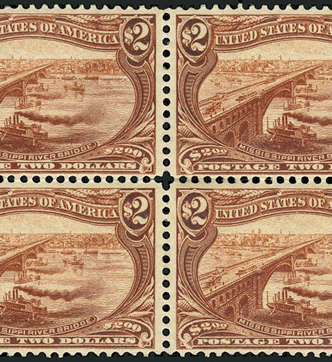 $2 orange-brown “Mississippi River Bridge,” U.S. postage stamp, Trans-Mississippi Exposition issue, 1898, designed by Raymond O. Smith (usphila.com)