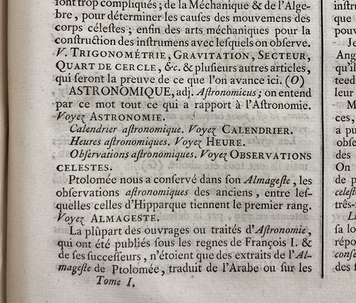 Detail of the end of the article on “Astronomie,” with the mark “(O)” of Jean D’Alembert, Encyclopédie, ed. by Denis Diderot and Jean D’Alembert, vol. 1, p. 793 (Linda Hall Library)