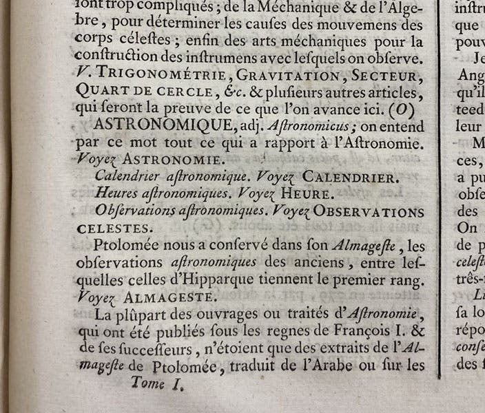 Detail of the end of the article on “Astronomie,” with the mark “(O)” of Jean D’Alembert, Encyclopédie, ed. by Denis Diderot and Jean D’Alembert, vol. 1, p. 793 (Linda Hall Library)