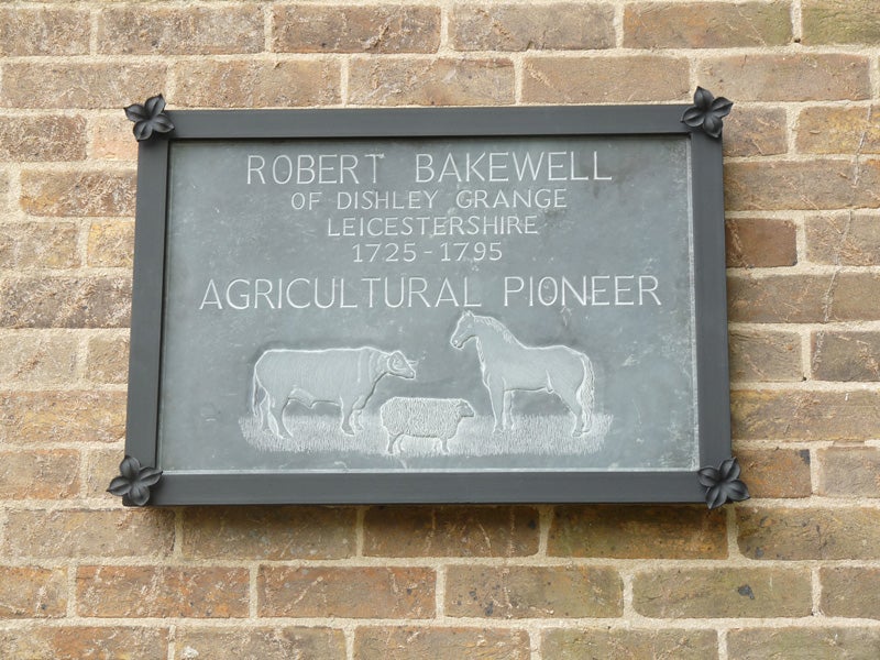 Plaque honoring Robert Bakewell at Brooksby Melton College, Dishley Grange (New Dishley Society)