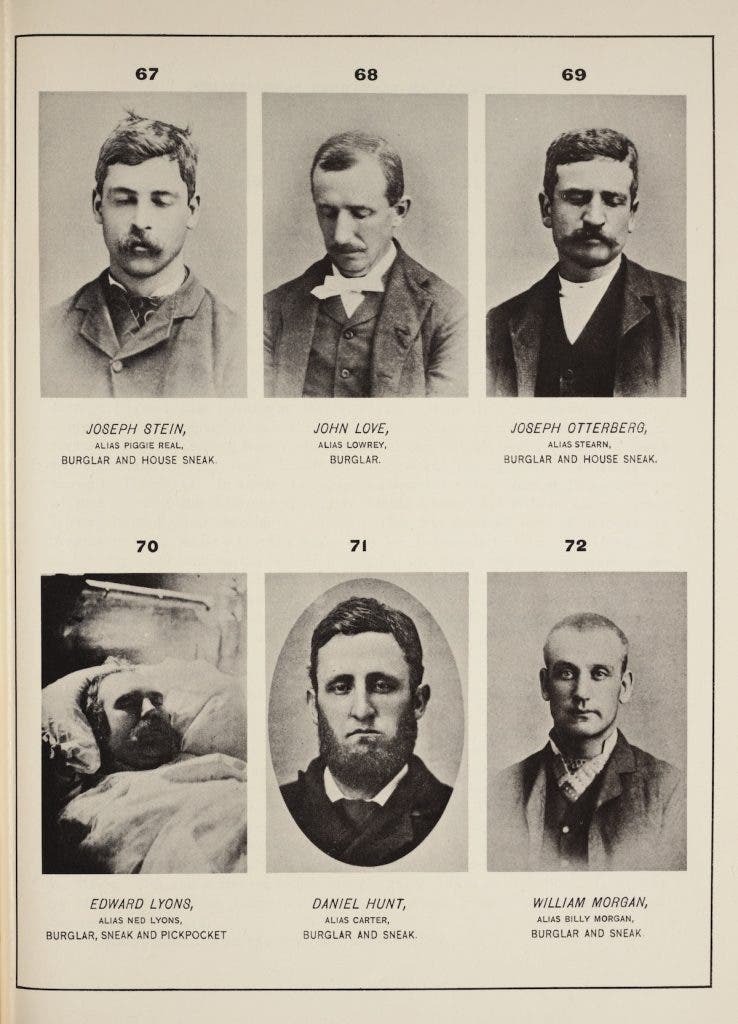 Six criminals published in Thomas Byrnes’ Professional Criminals of America. Note the diverted or closed eyes in the top row. The photograph of Edward Lyons, bottom left, was taken while the suspect was asleep in a hospital bed. Image source: Byrnes, Thomas. 1886 Professional Criminals of America. 1886. Chelsea House, 1969.