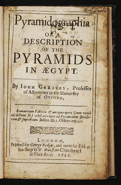 Title page of Greaves, Pyramidographia, 1646 (Linda hall Library)