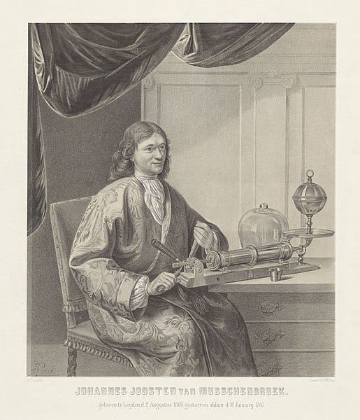 Portrait of Johan Joosten van Musschenbroek, engraving, 19thh c., after painting by Pieter van Slingelandt, Rijksmuseum, 1686 (Wikimedia commons)