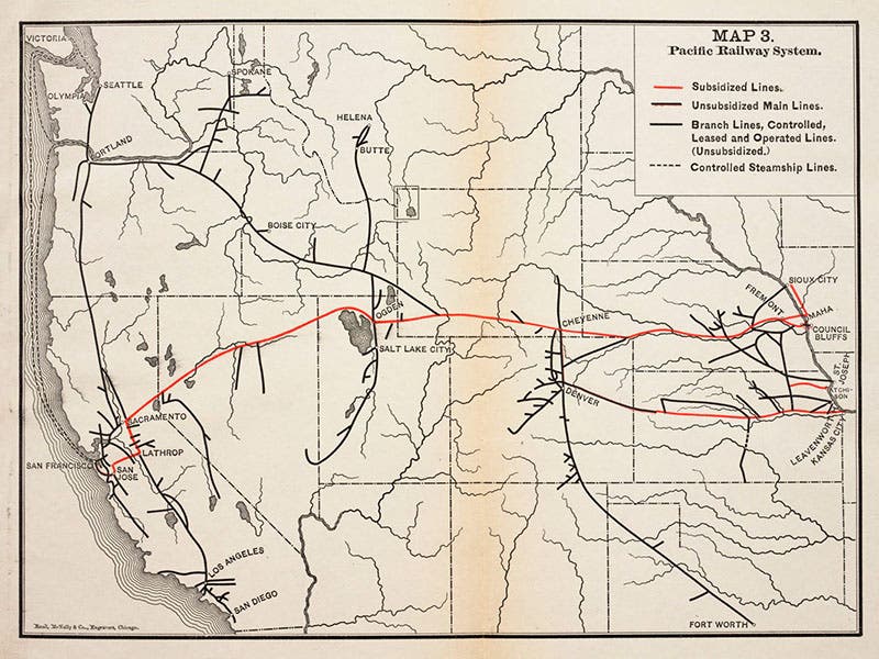 Map of the Pacific railway system, with the transcontinental railroad in red, and Sacramento prominently marked. The stretch from Sacramento to Promontory Summit follows the route proposed by Judah almost exactly (Linda Hall Library)