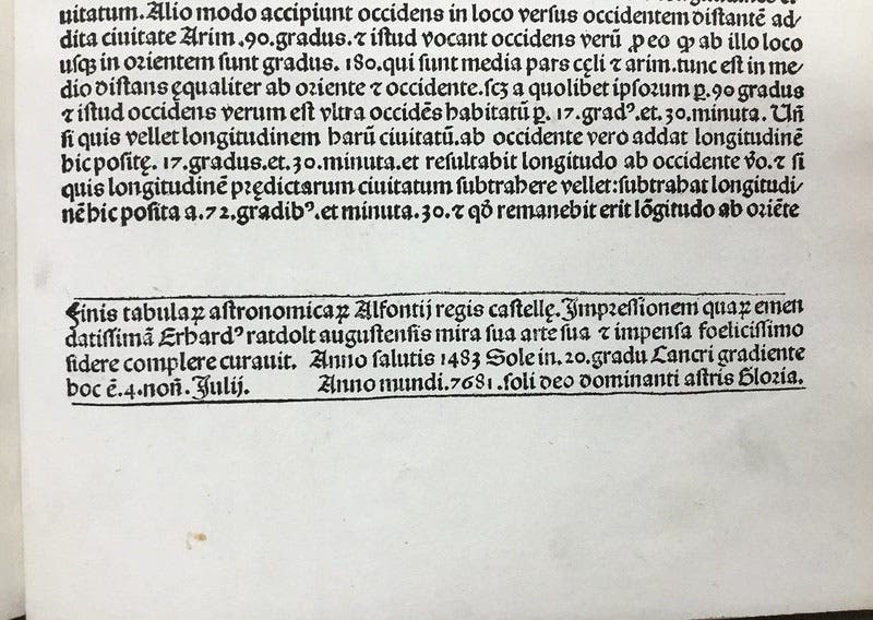Colophon, Celestiu[m] motuu tabule, by Alfonso X of Castile, 1483 (Linda Hall Library)