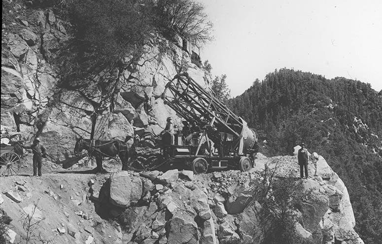 The 60-inch Mount Wilson reflector, designed by Francis Pease, on its way up the mountain, photograph, 1908 (mtwilson.edu)