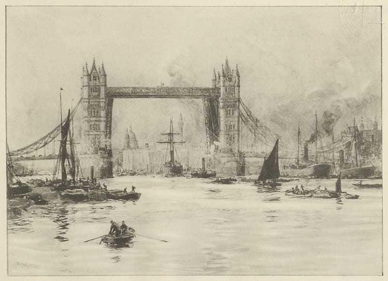 Tower Bridge on opening day, pastel by W.L. Wyllie, frontispiece to Charles Welch, History of the Tower Bridge, 1894 (Linda Hall Library)