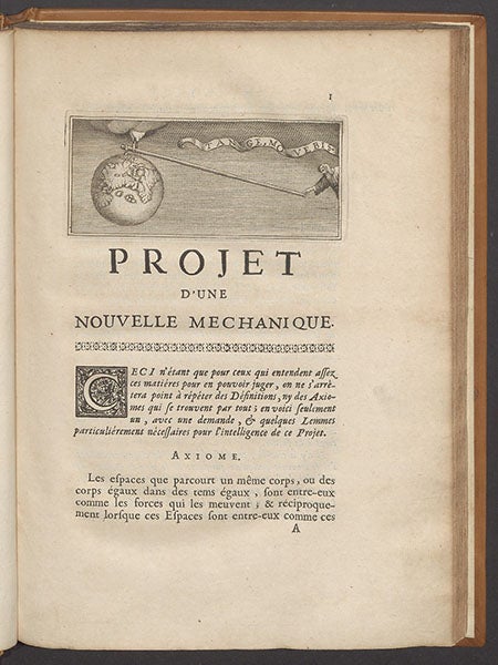 First page of text, with headpiece (see first image for detail of headpiece), Pierre Varignon, Projet d’une nouvelle mechanique, 1687 (Linda Hall Library)