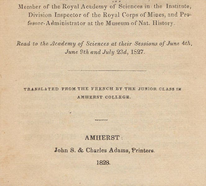 Detail of the titlepage of the translation of Cordier’s paper, showing the translators as the “Junior Class of Amherst College” (Linda Hall Library)