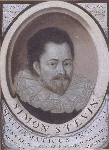 Portrait of Simon Stevin, engraving, unknown artist and date, in the collection of Leiden University (Wikimedia commons)
