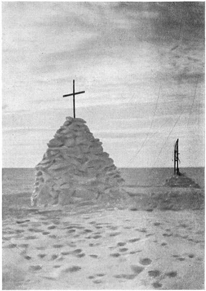 Snow cairn marking the grave of Robert Scott, Bill Wilson, and Henry Bowers, Antarctica (Wikimedia commons)