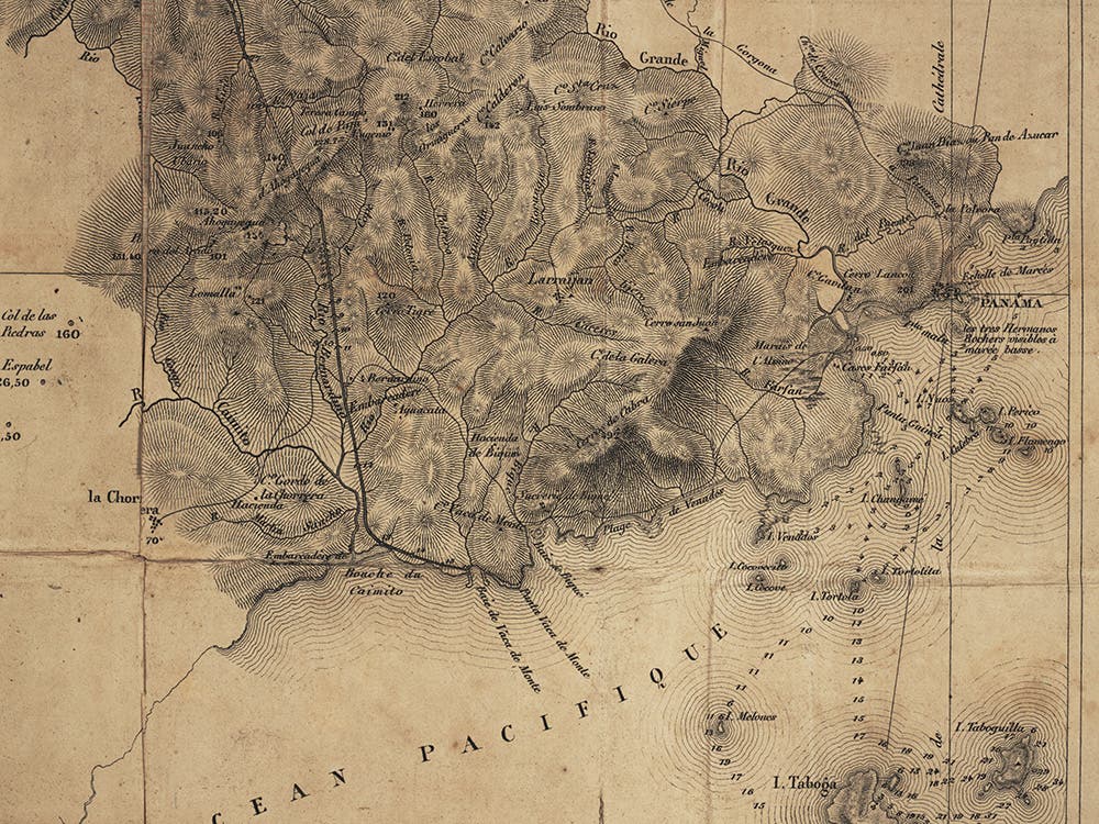 Detail of Napoléon Garella’s mid-century proposal for a canal route in Panama, from Projet d’un canal de jonction de l’océan Pacifique et de l’océan Atlantique á travers l’isthme de Panama.
Paris, 1845.