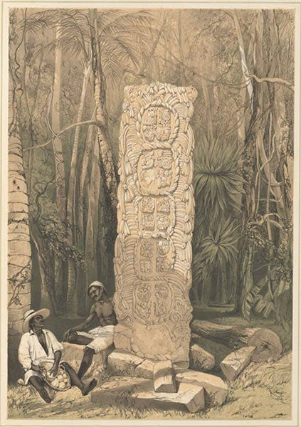 Back of an idol at Copan, slightly cropped lithograph by H. Warren after watercolor by Frederick Catherwood, Views of Ancient Monuments in Central America, Chiapas and Yucatan, plate 3, 1844, Harvard Library (lib.harvard.edu)