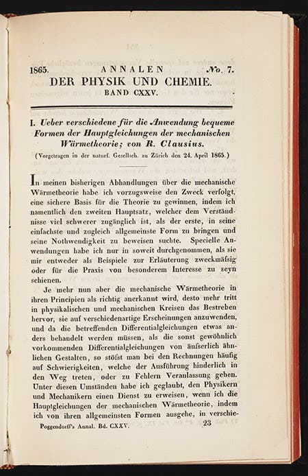 First page, Clausius paper on entropy in Annalen der Physik, 1865 (Linda Hall Library)