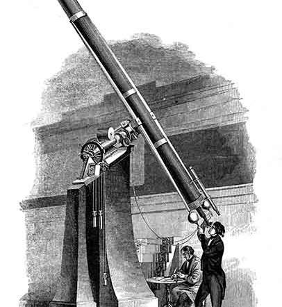 The 11-inch Merz & Mahler refractor, installed at Cincinnati Observatory in 1842, wood engraving after a photograph, 1848, Historical Marker Database (hmdb.org)