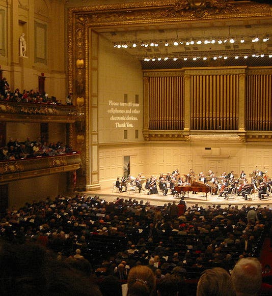 Boston Symphony Hall (formerly Boston Music Hall), with interior acoustically designed by Wallace Clement Sabine, interior, recent photo (Wikimedia commons)