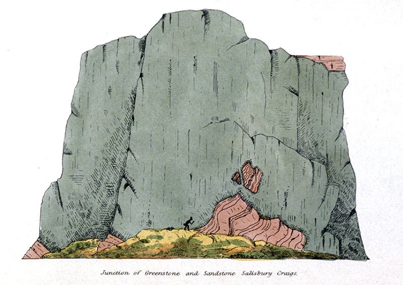 The Salisbury Craig, the source of one of James Hall’s samples of whinstone, hand-colored etching, in R.J. Hay Cunningham, Essay on the Geology of the Lothians, 1838 (Linda Hall Library)