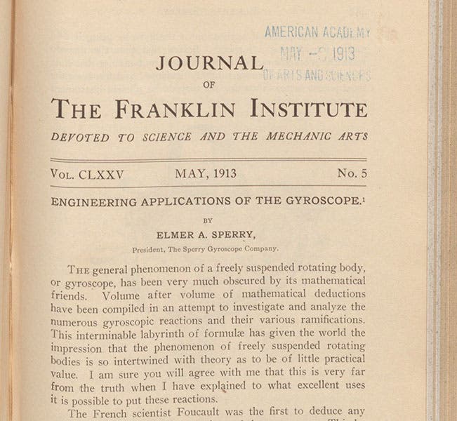 Detail of first page of article on gyroscope applications, Elmer Sperry, Journal of the Franklin Institute, vol 175, 1913 (Linda Hall Library)