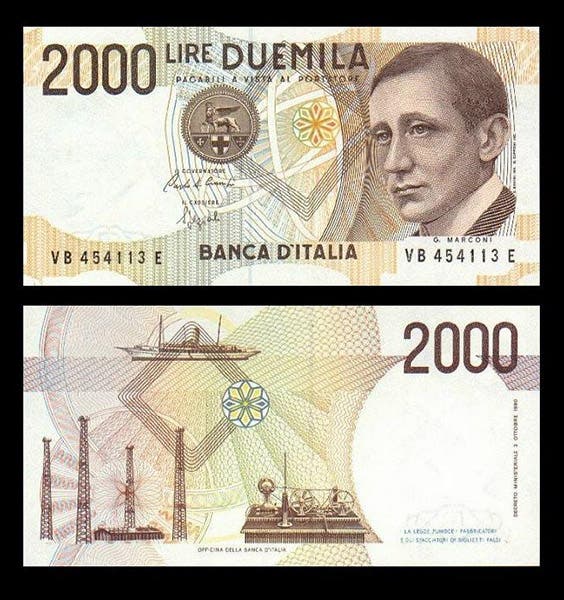 2000 lire banknote issued by Italy in 1990 to honor Guglielmo Marconi (Wikimedia commons)