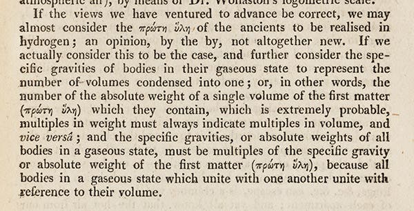 Last paragraph of Prout’s second article, with statement of Prout’s hypothesis, <i>Annals of Philosophy</i>, vol. 7, 1816 (Linda Hall Library)