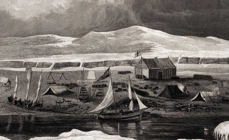 Somerset House on Fury Beach, winter quarters for John Ross and his crew, 1832-33; the boats are from HMS Fury, engraving in Narrative of a Second Voyage in Search of a North-west Passage, by John Ross, 1835 (Linda Hall Library)