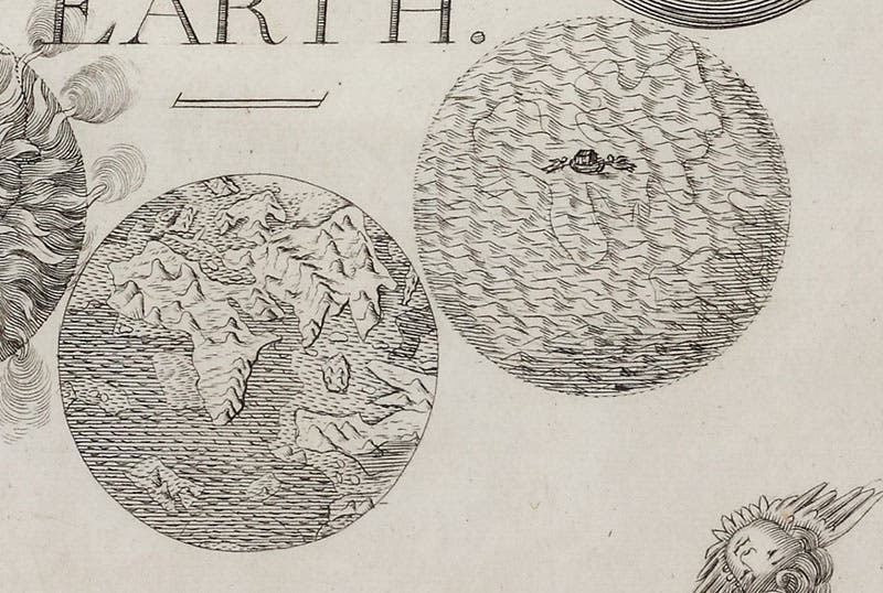 Detail of first image, showing the flooded Earth (with Noah’s ark), and the Earth after the Flood, now with continents, mountains, and oceans (Linda Hall Library)