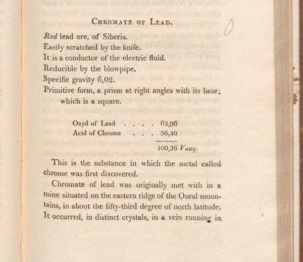 Detail of section on lead chromate, Outlines of Mineralogy, by John Kidd, vol. 2, 1809 (Linda Hall Library)