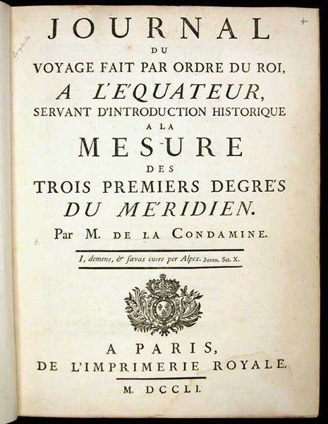 Title page, Charles-Marie de La Condamine, Journal du voyage … a l’équateur, 1751 (Linda Hall Library)